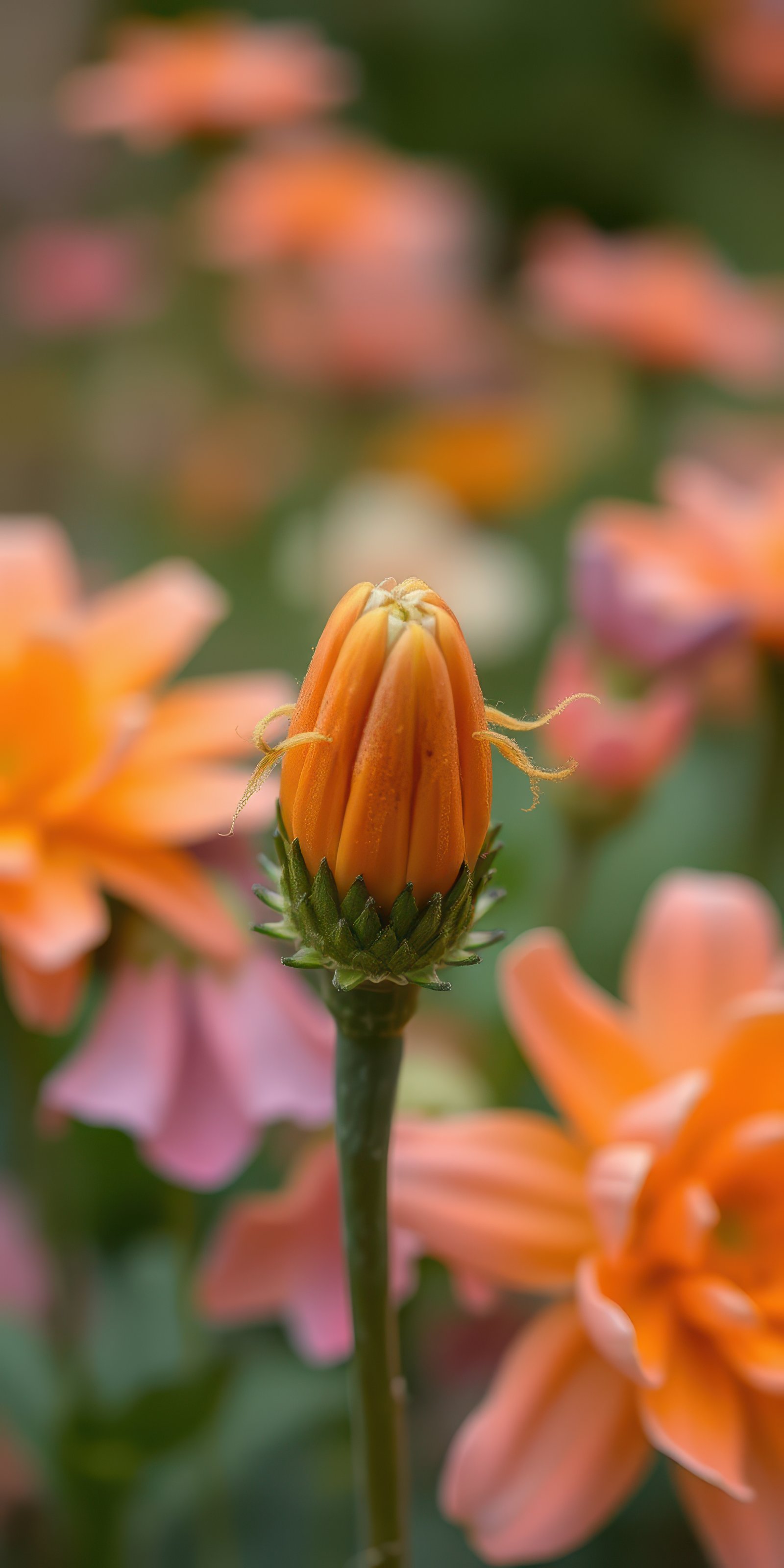 Orange flower bud surrounded by blooming flowers in a vibrant garden during springtime